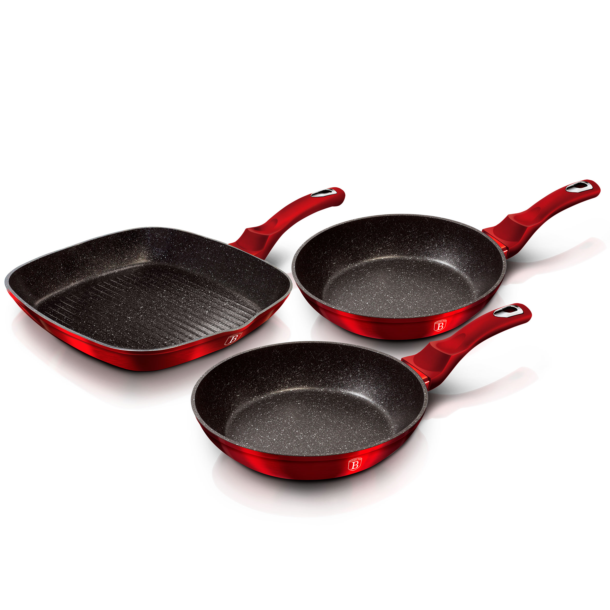 Berlinger Haus Burgundy Juego 2 Sartenes y Grill Inducción 20-24-28cm, Aluminio Forjado, Antiadherente Ecológico Marmol sin PFOA, Diseño Metallic Line Rojo, Apta para Todas Las Cocinas, Vitrocerámica, Gas