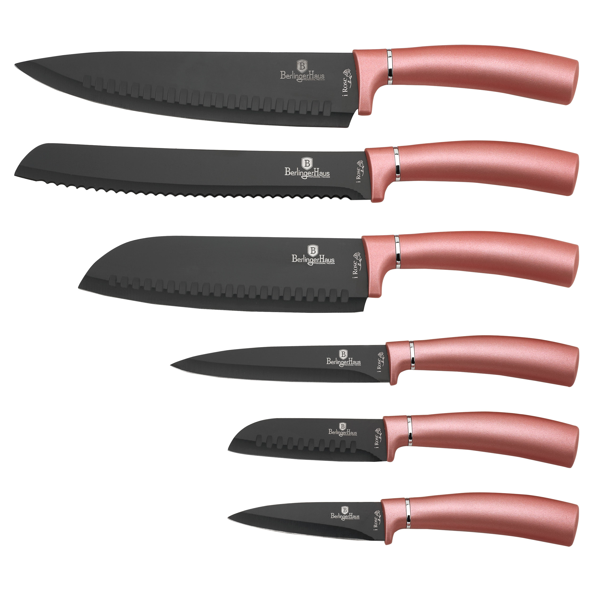 Berlinger Haus I-Rose Juego 6 Cuchillos Cocina Profesional, Hoja Acero Inoxidable Recubrimiento Antiadherente, Cocinero, Cebollero, Pan, Santoku, Pelar, Mango Ergonómico, Diseño Elegante