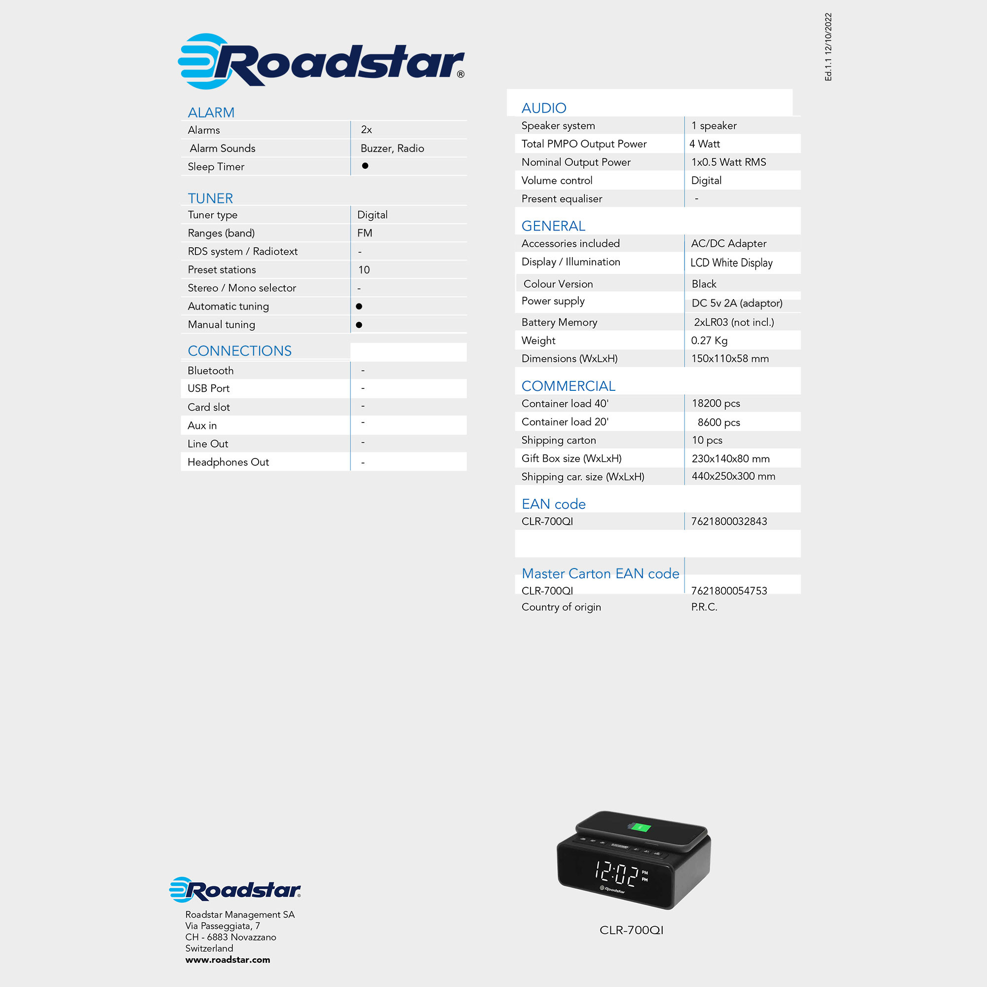 Roadstar CLR-2615 Radio Reloj Despertador PLL FM, 2 Alarmas, Gran Pantalla  LCD, Función Snooze, Temporizador