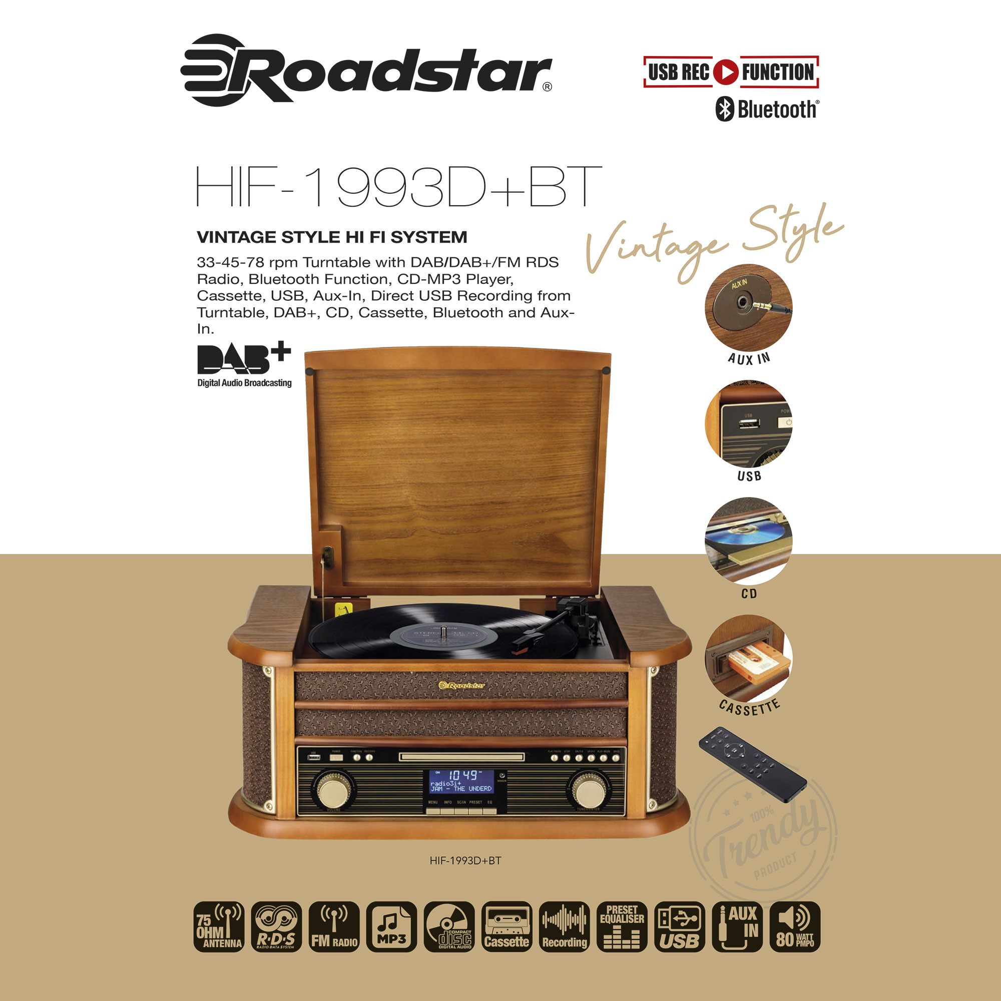 Tocadiscos De Vinilo Vintage, Acabado Madera, Radio Dab Dab+ Fm,  Reproductor Cd, Cassette, Usb Madera Roadstar Hif-8892d+bt