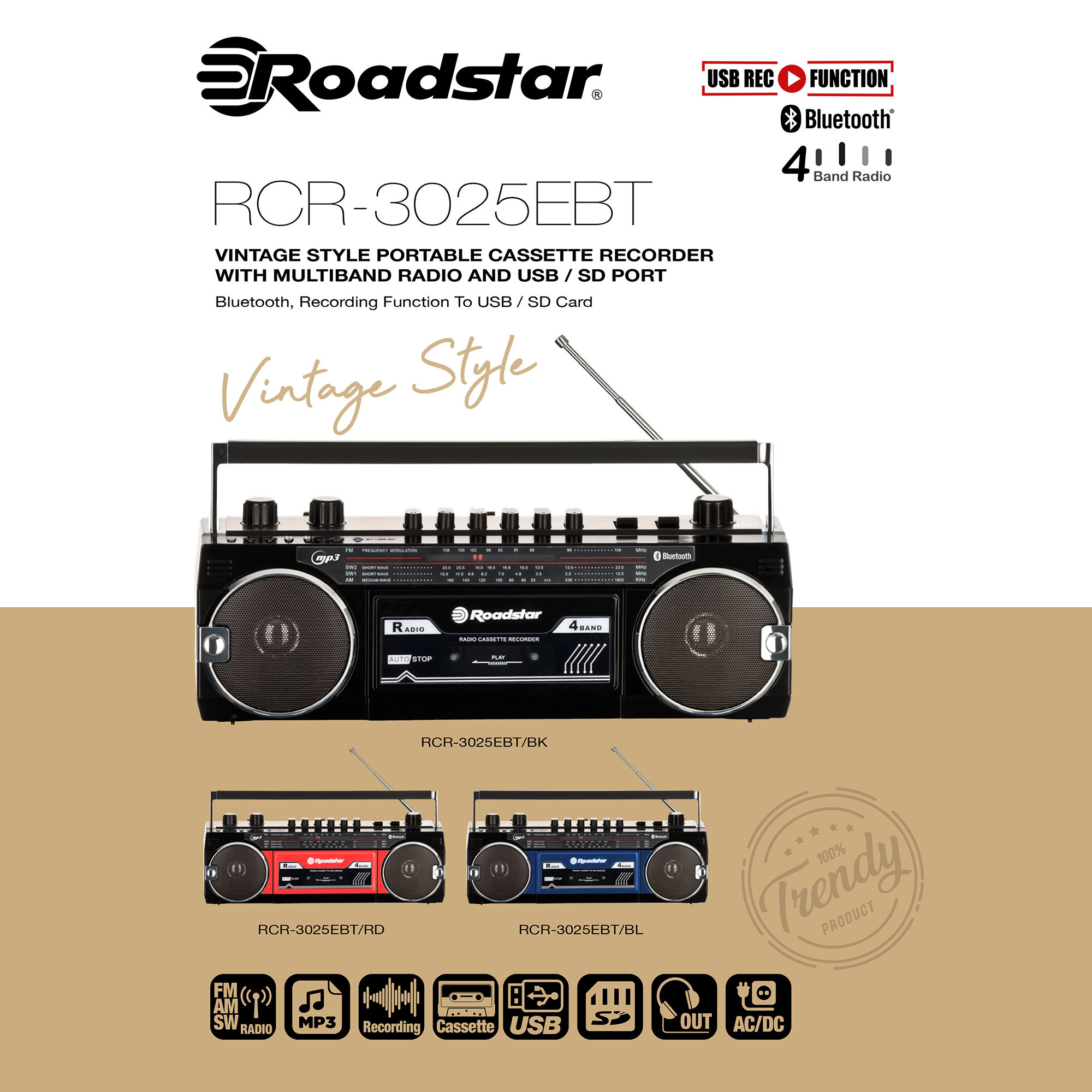 Roadstar RCR-3025EBT/BL Radio Cassette Vintage Años 80 Portátil Multibanda  AM /FM /SW, Bluetooth, Retro Boombox Reproductor Grabador a Cinta, USB y  Tarjeta SD, Conexión Auriculares, Negro / Azul