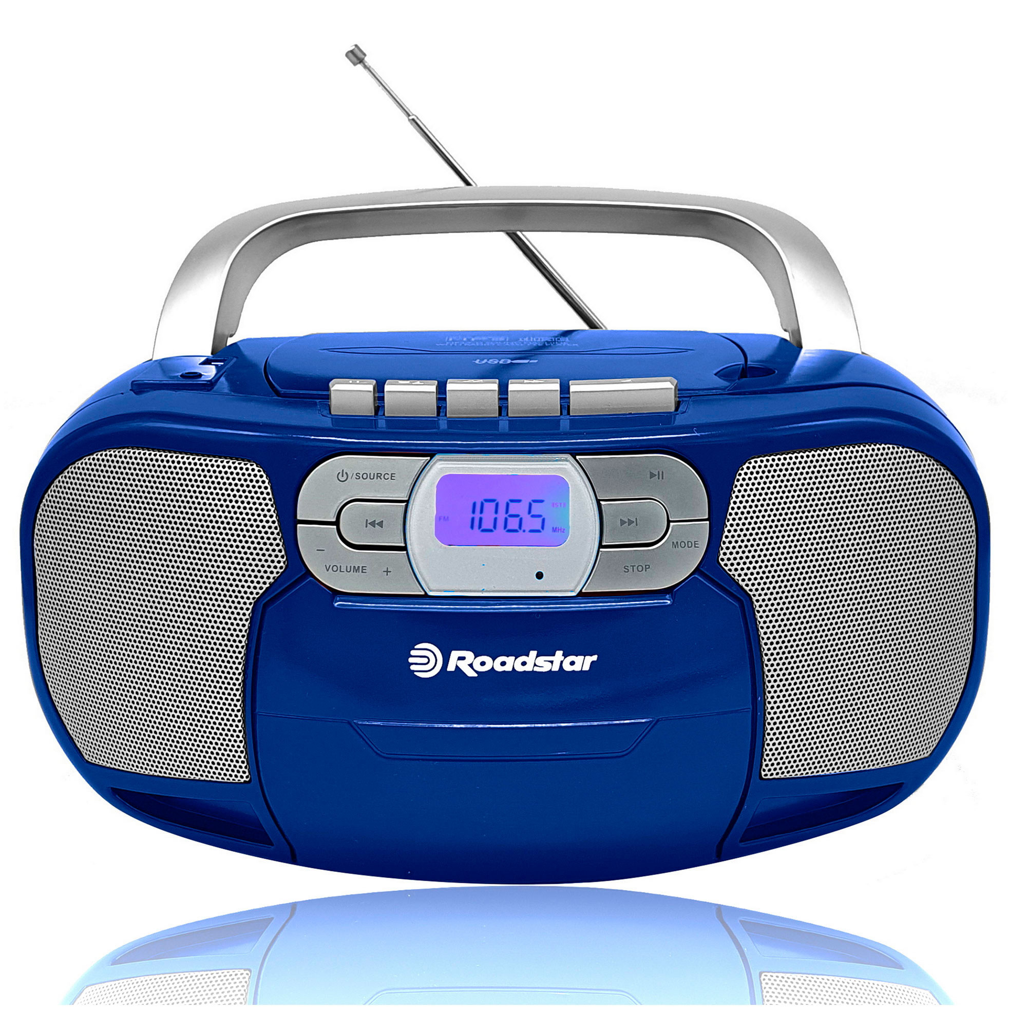 Roadstar RCR-4635UMP/BL Radio CD Portátil Cassette, Radio Digital PLL FM,  Boombox Reproductor CD-MP3, USB, AUX-IN, Salida de Auriculares, Azul