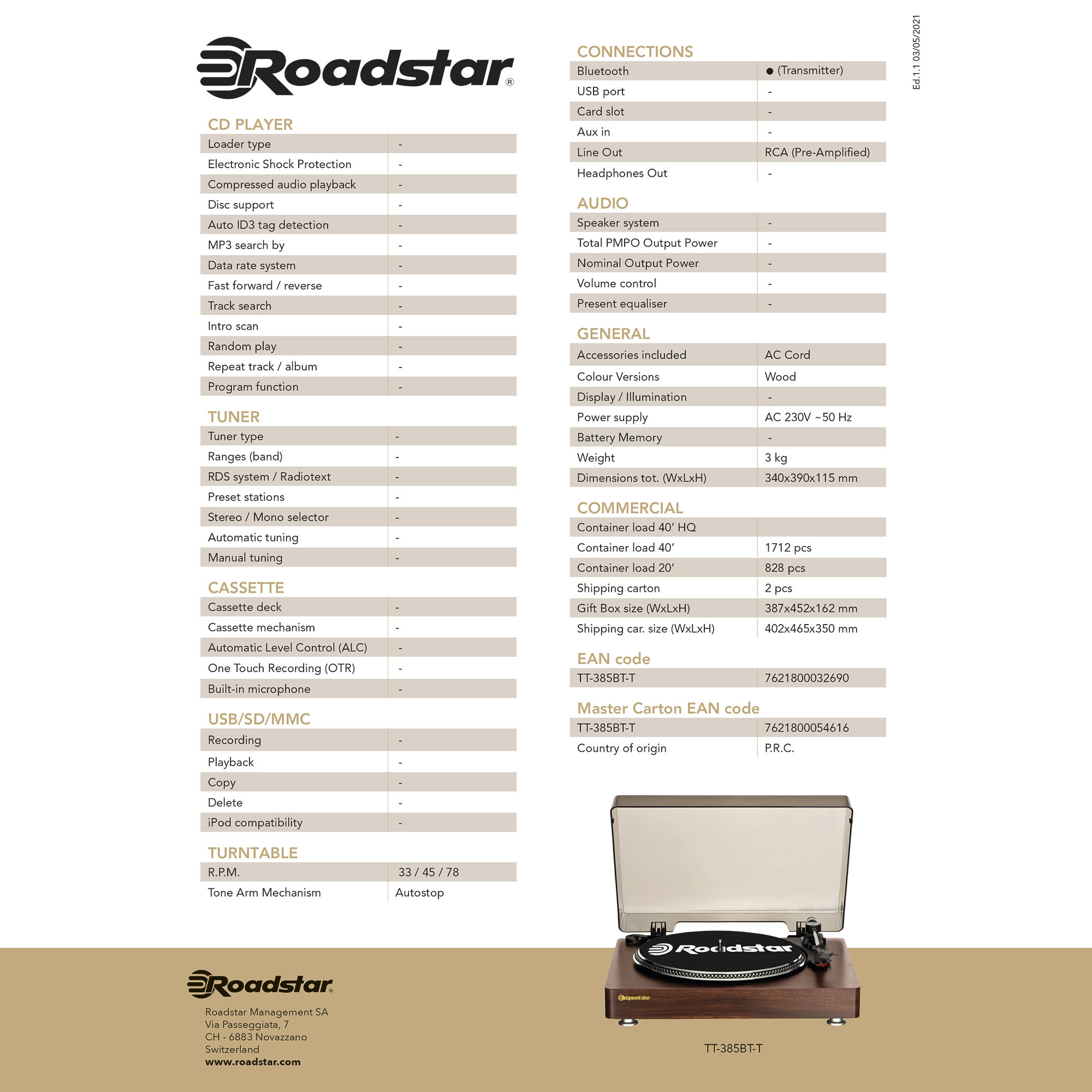 Roadstar TTR-8634 Tocadiscos de Vinilo 33/45/78 rpm, Radio FM Analógica,  Altavoces Integrados, Salida