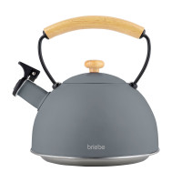 briebe Nordic Tetera Inducción Silbante 2,3L, Infusiones, Hervidor de Agua Acero Inoxidable, Todo Tipo de Cocinas, Vitrocerámica, Gas, Mango Madera Tacto Frío, Tea Pot, Gris