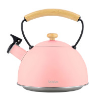 briebe Retro Tetera Inducción Silbante 2,3L, Infusiones, Hervidor de Agua Acero Inoxidable, Todo Tipo de Cocinas, Vitrocerámica, Gas, Mango Madera Tacto Frío, Diseño Vintage, Tea Pot, Rosa Pastel