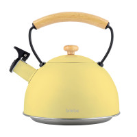 briebe Retro Tetera Inducción Silbante 2,3L, Infusiones, Hervidor de Agua Acero Inoxidable, Todo Tipo de Cocinas, Vitrocerámica, Gas, Mango Madera Tacto Frío, Diseño Vintage, Tea Pot, Amarillo Pastel