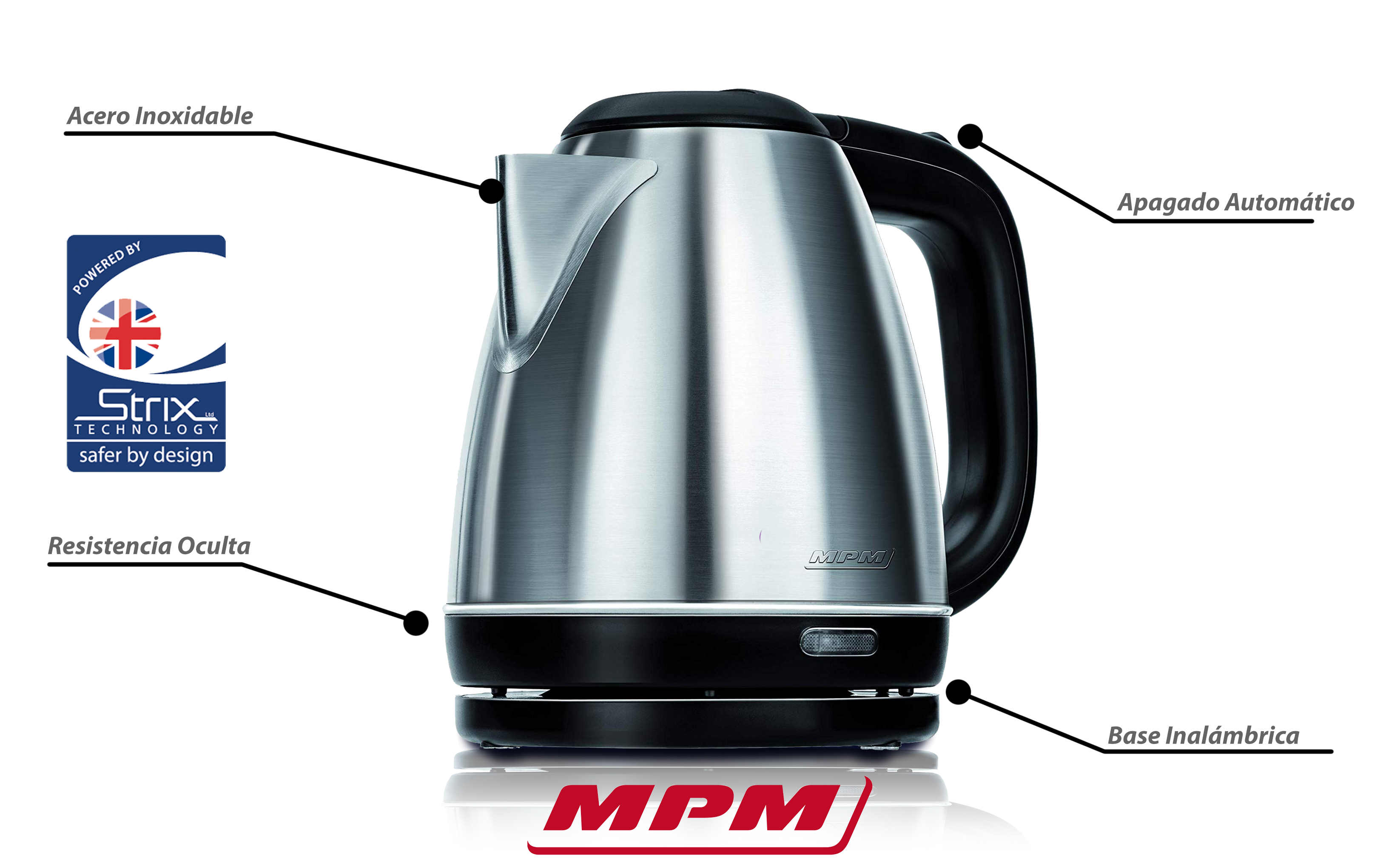 MPM MCZ-84M Hervidor de Agua Eléctrico 1 Litro, Recipiente Acero Inoxidable  sin BPA, Inalámbrico 360º sin Cable, Resistencia Oculta, Apagado  Automático, 1600W