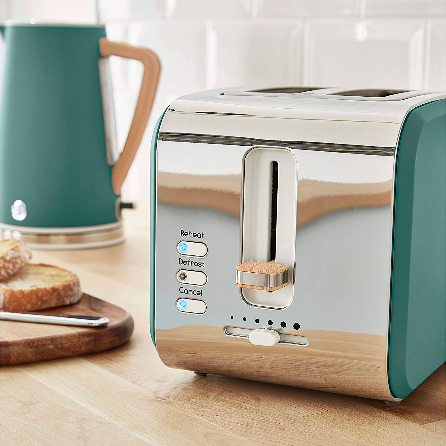 Swan Nordic Set Desayuno Bouilloire sans fil 1,7 L 2200 W Grille-pain à fente large 2 tranches 3 fonctions Design moderne Effet bois Vert