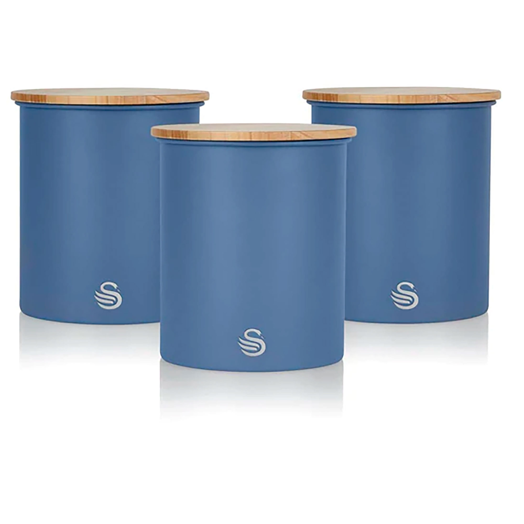Swan Nordic Juego de 3 Botes Cocina Almacenaje de Acero al Carbono Resistente, Tapa de Bambú, Para Guardar Té, Café y Azúcar, Diseño Moderno, Azul
